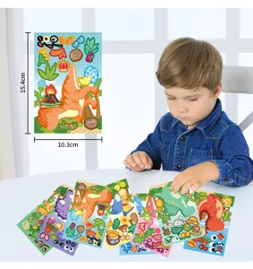 Kids dinosaur face changing stickers detail view, fun DIY puzzle craft for creative play.