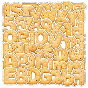 Closeup of cute biscuit alphabet and number stickers for creative diary decoration use.