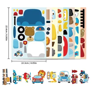 Detail view of DIY cartoon vehicle sticker sheets, colorful make-a-face puzzle design for kids.