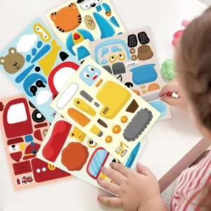 Kids DIY face changing sticker sheets set, educational puzzle cartoon vehicle and animal stickers.