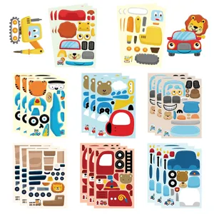 Kids educational DIY cartoon vehicle and animal face changing sticker sheets toy