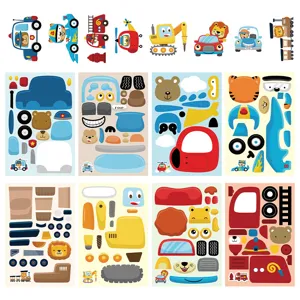8-sheet cartoon vehicle toy car stickers kids DIY puzzle educational face changing decal set
