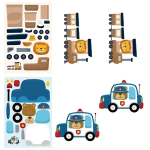 Cartoon vehicle DIY puzzle sticker detail, showing adorable animal driver parts and assembled cars.