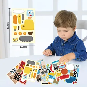 Detail shot of cartoon vehicle puzzle stickers for kids, featuring interactive play and size specs.