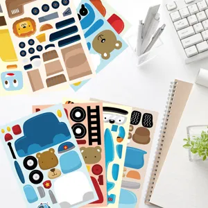 Details of cartoon vehicle and animal face-changing DIY puzzle stickers for kids educational fun.