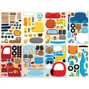 Kids DIY cartoon vehicle and animal sticker sheets, educational puzzle face changing sticker toys.