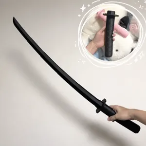 Detail view of black 3D telescopic samurai toy sword, featuring gravity retractable blade design.