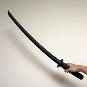 Detailed view of the black 3D gravity telescopic samurai sword toy, plastic blade.