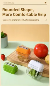 Detailed view of the multi-functional peeler with storage box, stainless steel blade, colorful.