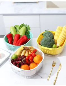 Cesta de drenaje de plástico de doble capa, ideal para lavar frutas y verduras en la cocina.