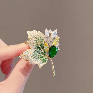 Exquisite rhinestone maple leaf brooch, luxury coat lapel pin, elegant autumn jewelry.