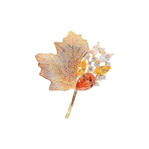 Elegant maple leaf rhinestone brooch for women, luxury crystal corsage pin for coat suit.