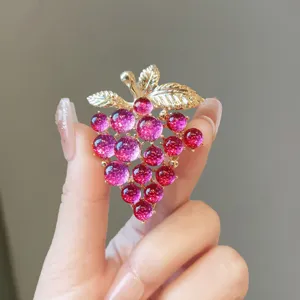 Elegant purple grape brooch pin with glittering crystals and gold leaves for women suit jacket gift