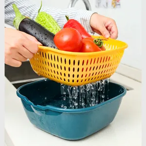Panier d'egouttage double en plastique pour cuisine legume et fruit frais pratique.