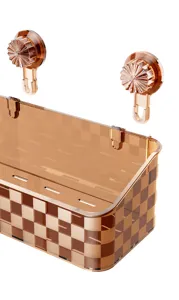 Detailed view of translucent brown shower caddy with checkerboard design and suction hooks.