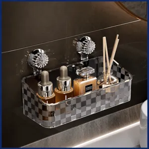 Transparent Grid Bathroom Storage Rack Wall Mounted Punch Free Suction Cup Organizer Shelf For Toilet Kitchen
