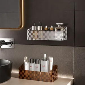 Punch-free bathroom storage rack, transparent check wall-mounted and countertop organizer basket.