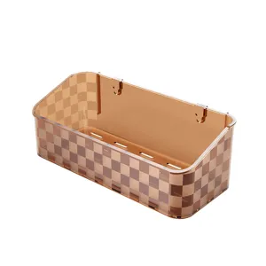 Punch-free bathroom wall-mounted storage basket brown checkered plastic organizer shelf.