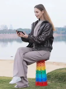 Portable telescopic folding stool for outdoor camping, hiking, fishing and travel use.