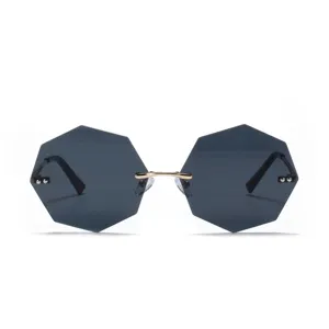 Vintage minimalist rimless hexagonal sunglasses with gold-tone metal bridge for women
