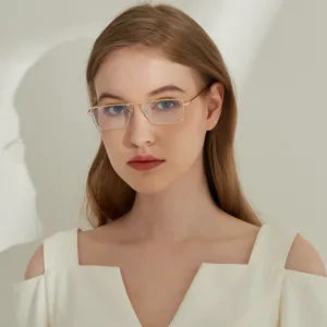 Stylish gold metal frame rectangular glasses with clear anti-blue light lenses for women