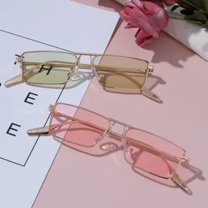 Trendy small rectangular metal frame sunglasses with elegant pink and yellow gradient lenses