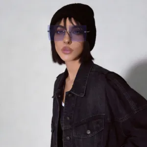 Trendy oversized rimless sunglasses with purple gradient lenses for women stylish look