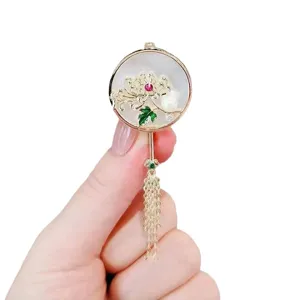 Chinese style fan brooch vintage tassel pin elegant pearl enamel suit dress jewelry accessory