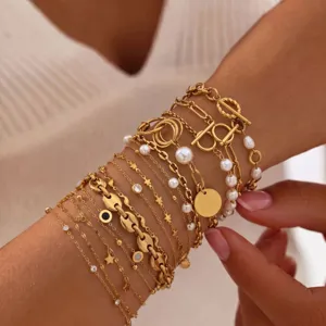 Ανοξείδωτο Ατσάλι PVD Επιχρυσωμένο 18K Πολλαπλών Στρωμάτων Βραχιόλι Τεχνητό Μαργαριτάρι Αστέρι Κόσμημα Χεριού για Γυναίκες