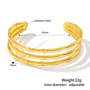 Verstellbarer, 18K vergoldeter Edelstahl-Armreif mit dreifachem Bambus-Design, Detail