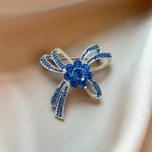 Blue crystal rhinestone bow brooch elegant vintage suit lapel pin for women exquisite jewelry