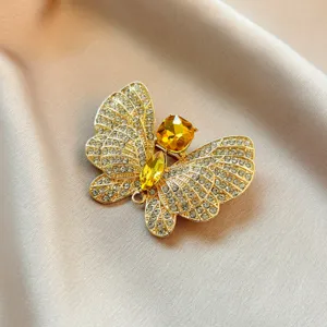 Vintage crystal rhinestone butterfly brooch gold plated lapel pin for women suit dress decor