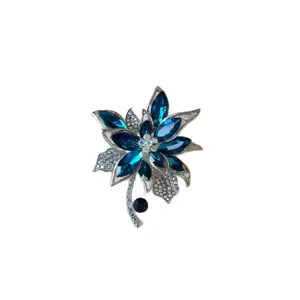 Vintage blue crystal rhinestone flower brooch pin elegant silver metal fashion jewelry women