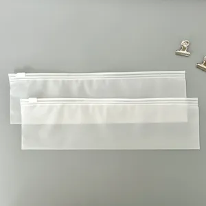 Frosted PE plastic long zipper bag detail, translucent waterproof packing pouch texture close up