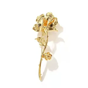 Elegant gold rose flower brooch detail, premium metal clothing accessory for coats.