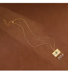Gold square evil eye pendant necklace with micro-inlaid zircon and tassel fringe