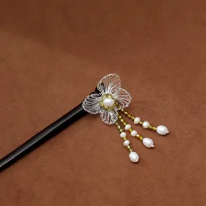 Pic à Cheveux Vintage Nouveau Style Chinois Tissé à la Main Fleur Gland Bois d'Ébène Perle d'Eau Douce Coiffe Élégante Pour Femmes Hanfu