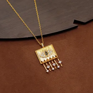 Vintage Evil Eye Square Pendant Necklace Copper Zirconia Inlaid Geometric Tassel Snake Bone Chain Gold Bohemian Jewelry For Women Daily Decoration