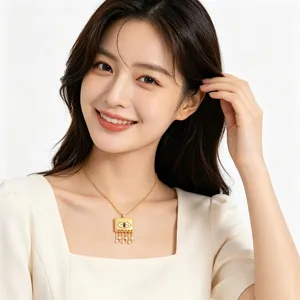 Elegant gold square pendant necklace with evil eye motif and micro-zirconia inlays