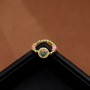 New Chinese Style Elastic Beaded Ring For Women Nephrite Jade Fox Charm Ring Vintage Crystal Gold Plated Finger Jewelry