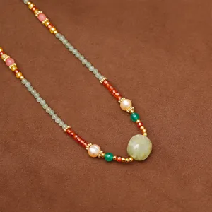 Handmade New Chinese style necklace with freshwater pearls and green prehnite stone