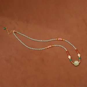 Exquisite handmade New Chinese style necklace with freshwater pearls and green prehnite stone
