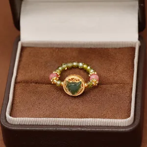 Elegant Chinese style beaded elastic ring with jade fox head and crystals in jewelry box