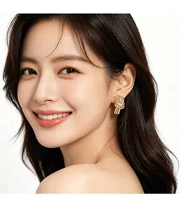 Close-up view of sparkling high-end designer knot stud earrings on an Asian model