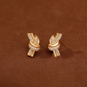 Designer Light Luxury Knot Stud Earrings For Women Full Zirconia Inlaid Gold Plated Copper Geometric Earrings With 925 Silver Post Jewelry