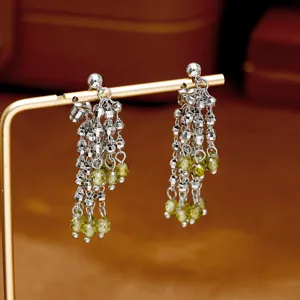 Pendientes de Borla con Cuentas Verdes de Diseñador de Moda para Mujer Cobre Cristal Lujo Poste de Plata de Ley 925 Joyería
