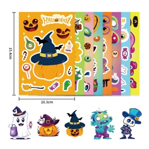 Halloween DIY sticker sheets, cartoon make a face puzzle stickers for kids, 8 large sheets.