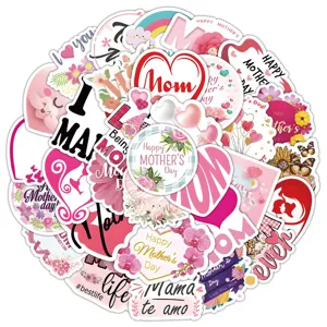 Pink Mother's Day waterproof stickers set, cute heart floral decals for planner gifts.