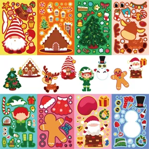 Close-up details of Christmas DIY mix and match sticker sheets featuring festive cartoon characters.