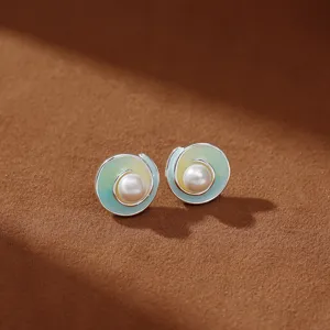 Pendientes de Botón de Perla para Mujer Esmalte Degradado Espiral Redondos Pendientes Con Poste de Plata de Ley 925 Moda Joyería